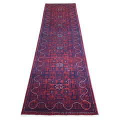 Tappeto Runner in lana afghana Knots Rugs 2'7 "x9'7" rosso intenso e saturo annodato a mano