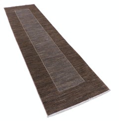 2.7x9.7 ft Hand Knotted Brown and Gray Runner Rug. Modern Minimalist Hallway Rug