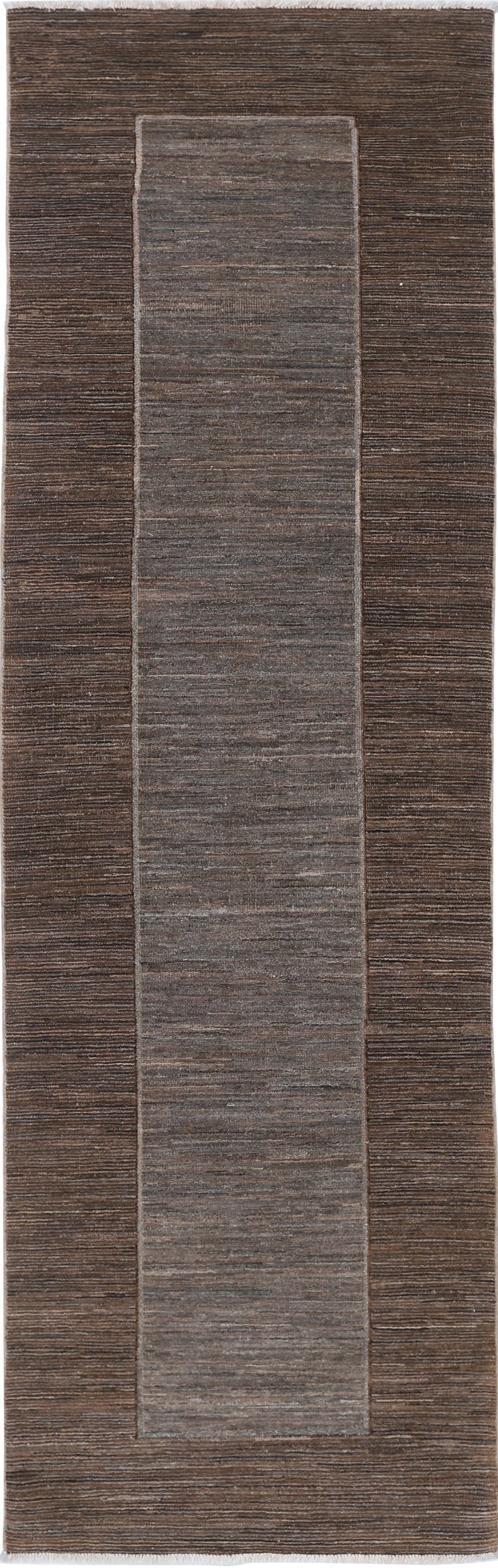 2.7x9.7 ft Hand Knotted Brown and Gray Runner Rug. Modern Minimalist Hallway Rug For Sale