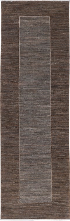 2.7x9.7 ft Hand Knotted Brown and Gray Runner Rug. Modern Minimalist Hallway Rug