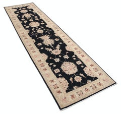 2.7x9.7 ft Handknotted Black Hallway Runner Rug for Corridor. Floral Kitchen Rug
