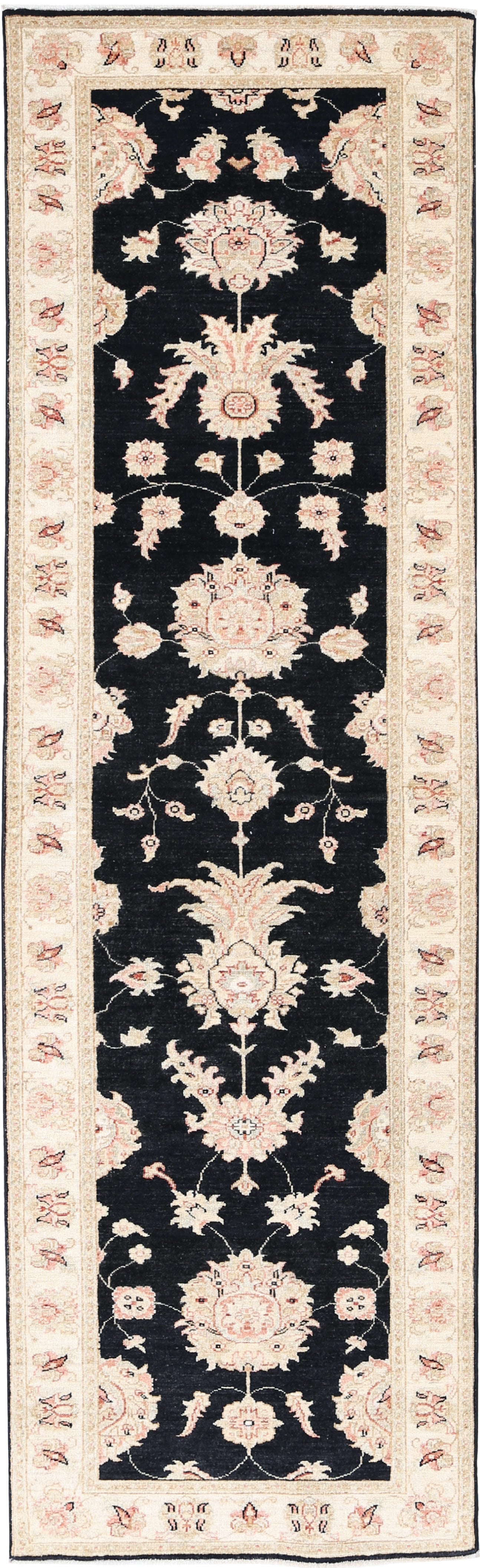 2.7x9.7 ft Handknotted Black Hallway Runner Rug for Corridor. Floral Kitchen Rug