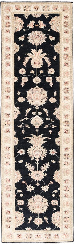 2.7x9.7 ft Handknotted Black Hallway Runner Rug for Corridor. Floral Kitchen Rug
