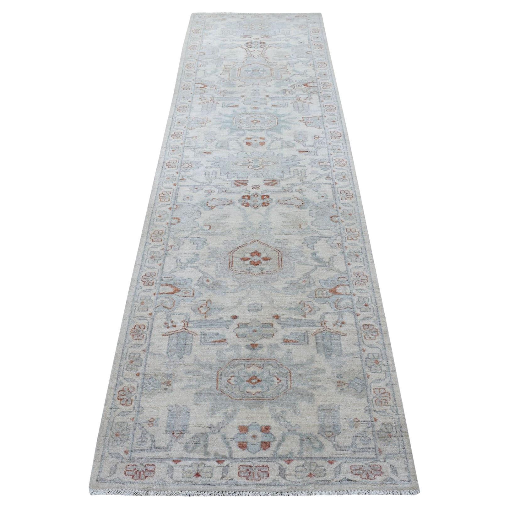 2'7"x9'7" Ivory Washed Out Peshawar Organic Wool Hand Made Runner Oriental Rug For Sale
