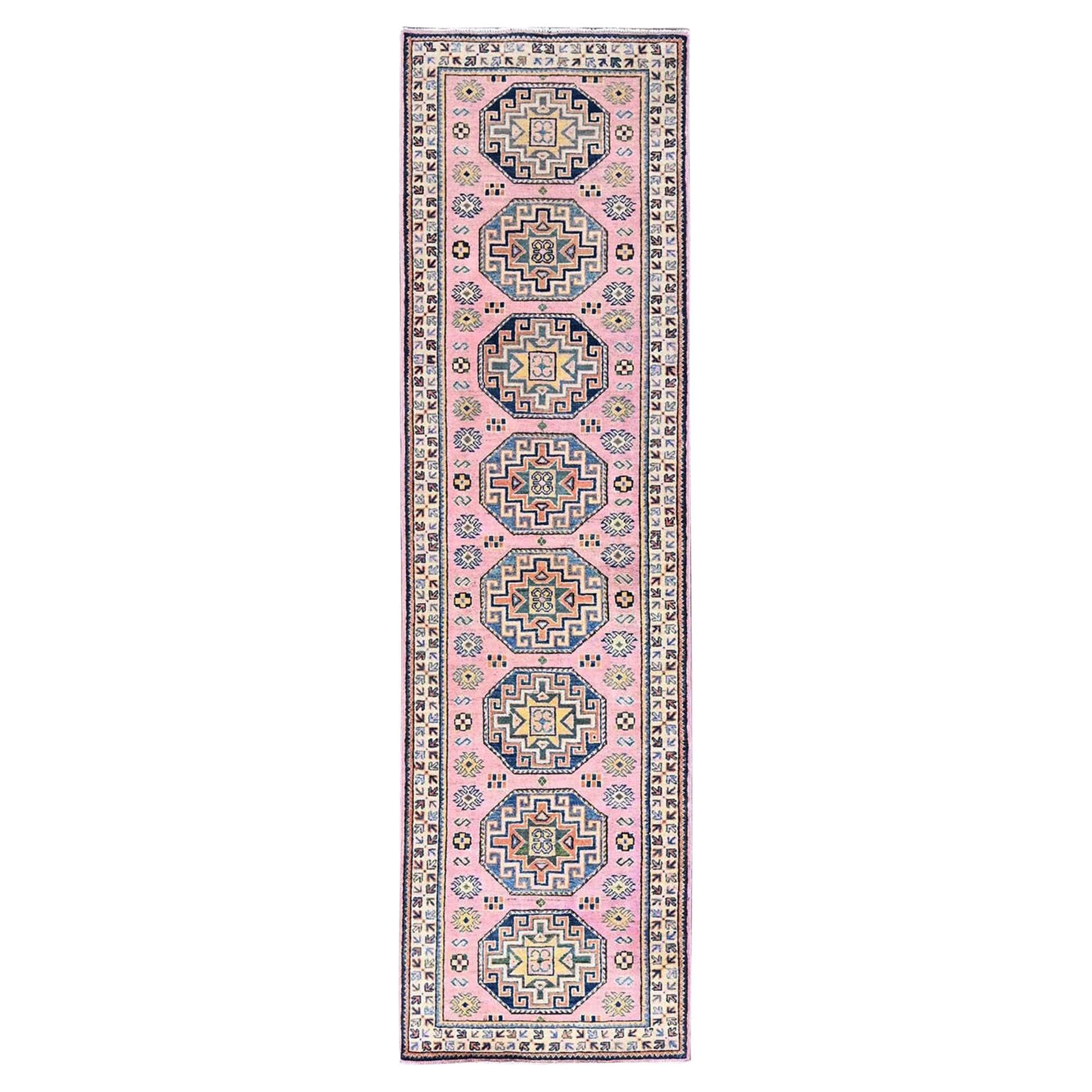 2'7"x9'7" Pink Kazak Geometric Medallions Hand Knotted Runner Wool Oriental Rug