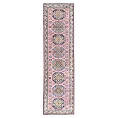 Alfombra Oriental de Lana Anudada a Mano con Medallones Geométricos Kazak Rosa 2'7 "x9'7