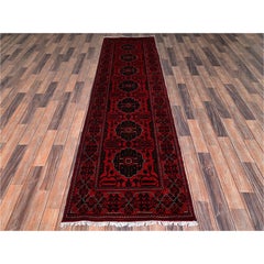 2'7"x9'7" Red Afghan Andkhoy with Tribal Medallions Hand Knotted Wool Runner Rug