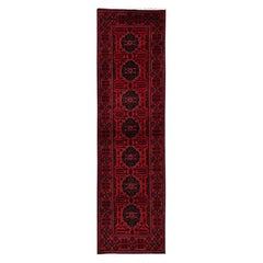 2'7"x9'7" Red Afghan Andkhoy with Tribal Medallions Hand Knotted Wool Runner Rug