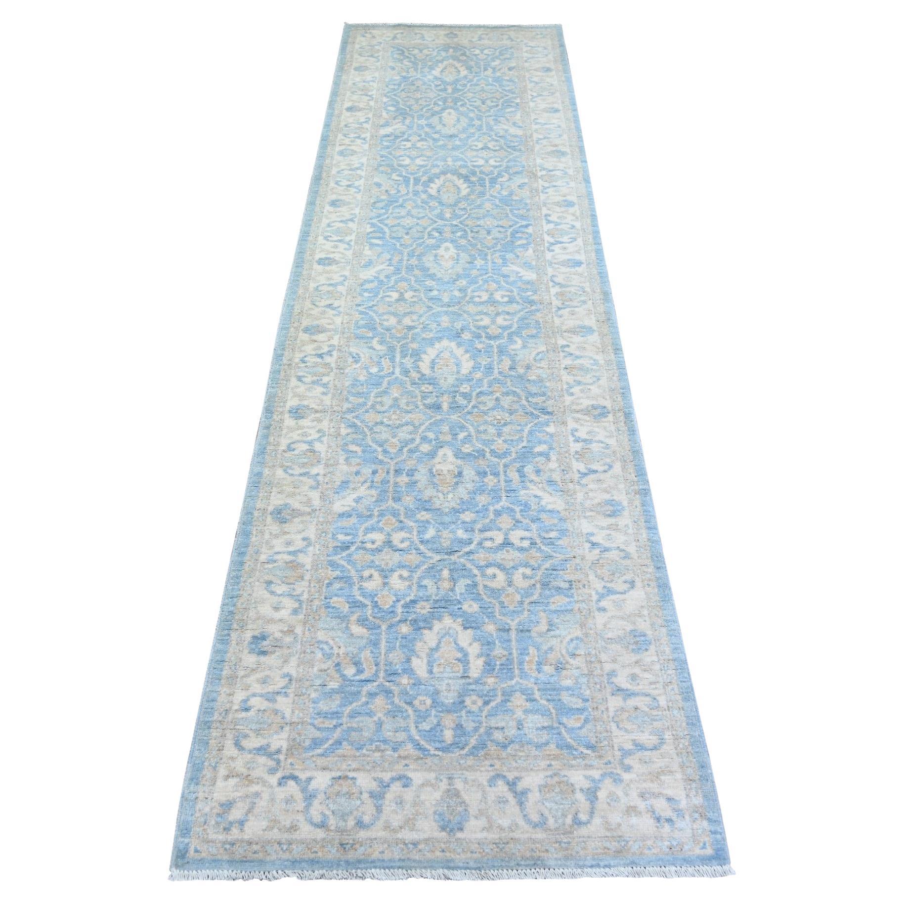 2'7 "x9'8" Beau Blue, Finer Peshawar Wool Hand Knotted Runner Oriental Rugs