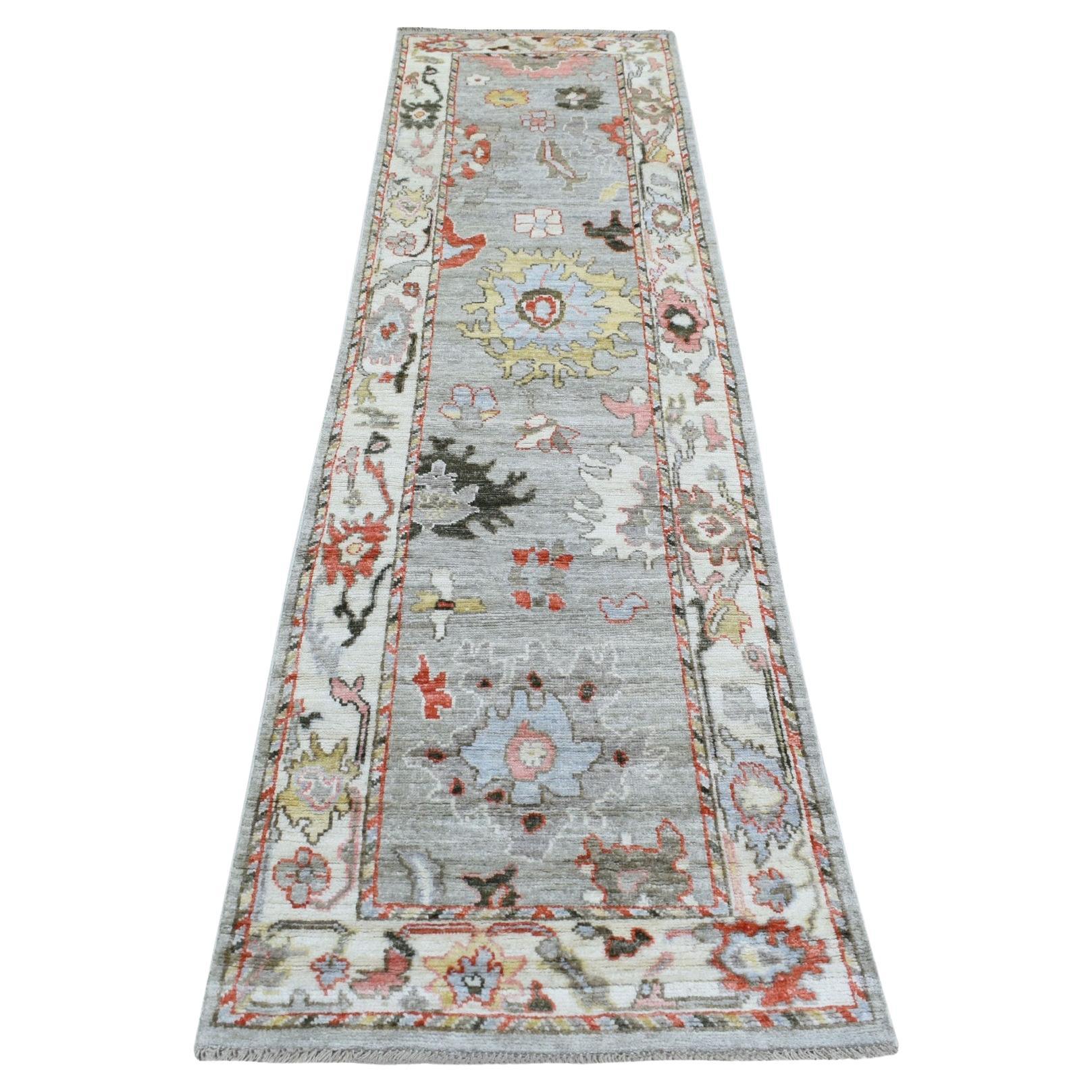 2'7"x9'8" Hand Knotted Gray Afghan Angora Oushak with Bold Colors Pure Wool Rug For Sale