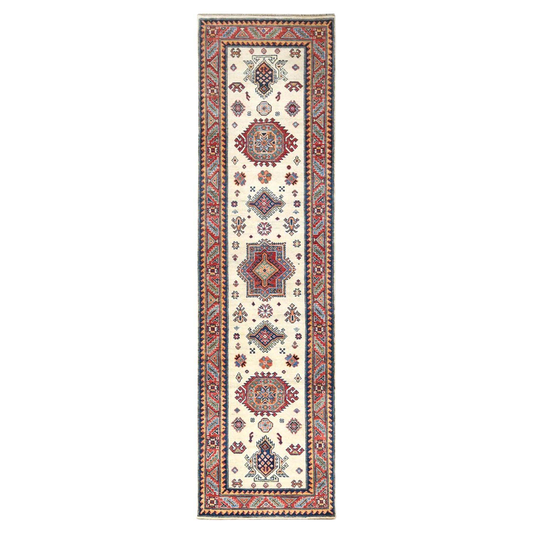 2'7"x9'8" Pure Wool, Hand Knotted, Ivory, Afghan Special Kazak Runner Rug