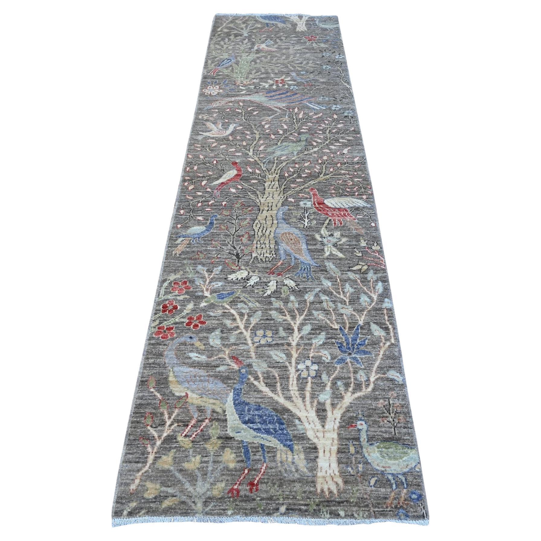 2'7"x9'8" Shingle Gray Birds Paradise Peshawar Hand Knotted Runner Oriental Rug
