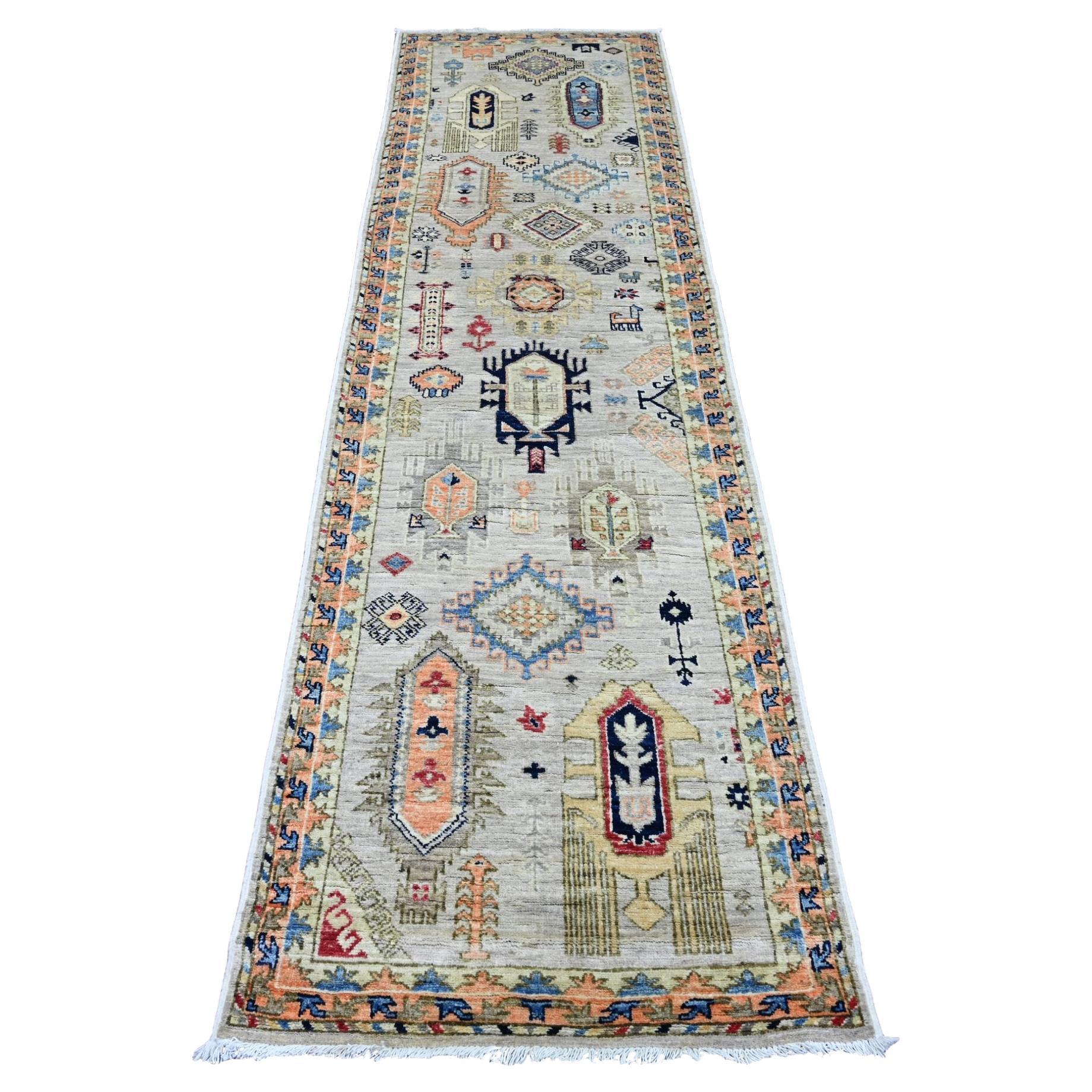 2'7 "x9'8" Bianco Caucasico Motivi Gul in Pura Lana Annodato a Mano Runner Tappeto Orientale
