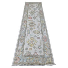 2'7"x9'8" White Pure Wool Hand Knotted Angora Oushak Leaf Design Runner Rug
