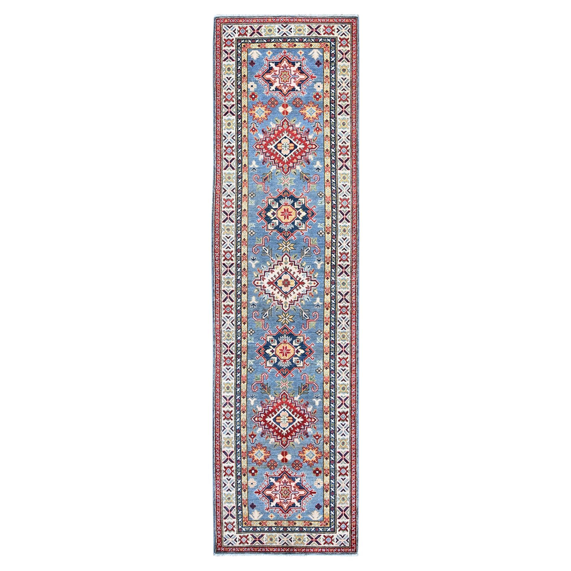 2
7 "x9
9" Blau Kazak mit Tribal Medaillons Design Wolle Hand geknüpft Läufer Teppich