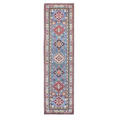 2
7 "x9
9" Blau Kazak mit Tribal Medaillons Design Wolle Hand geknüpft Läufer Teppich