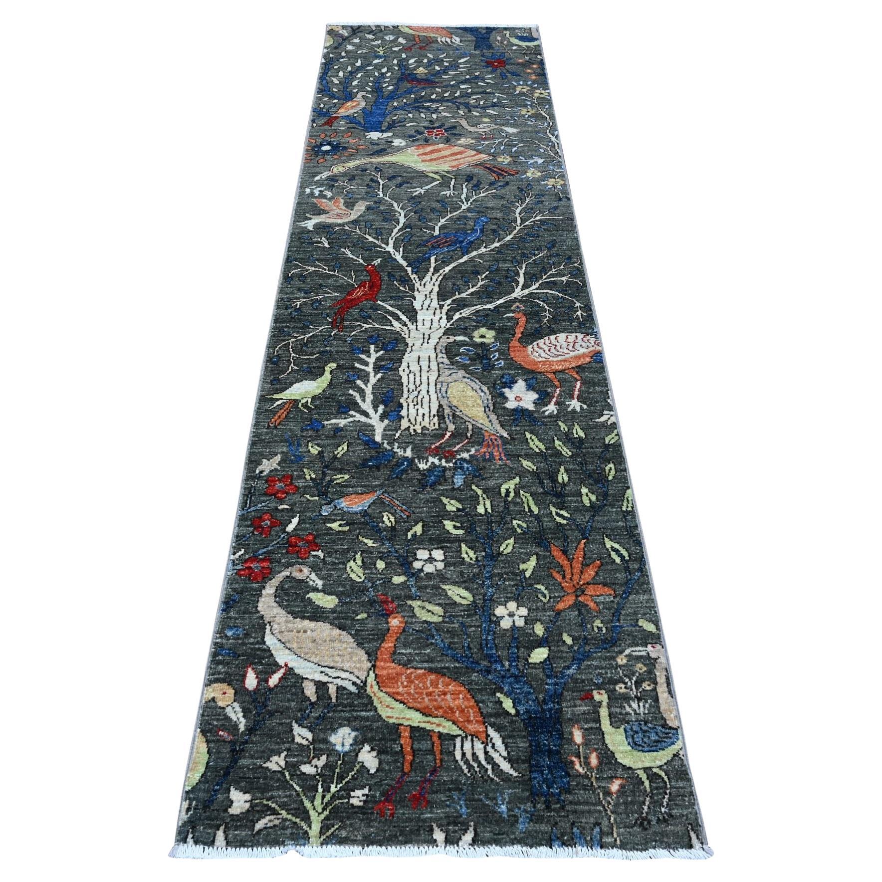 2'7 "x9'9" Digital Gray Birds of Paradise Runner en laine nouée à la main Orien en vente