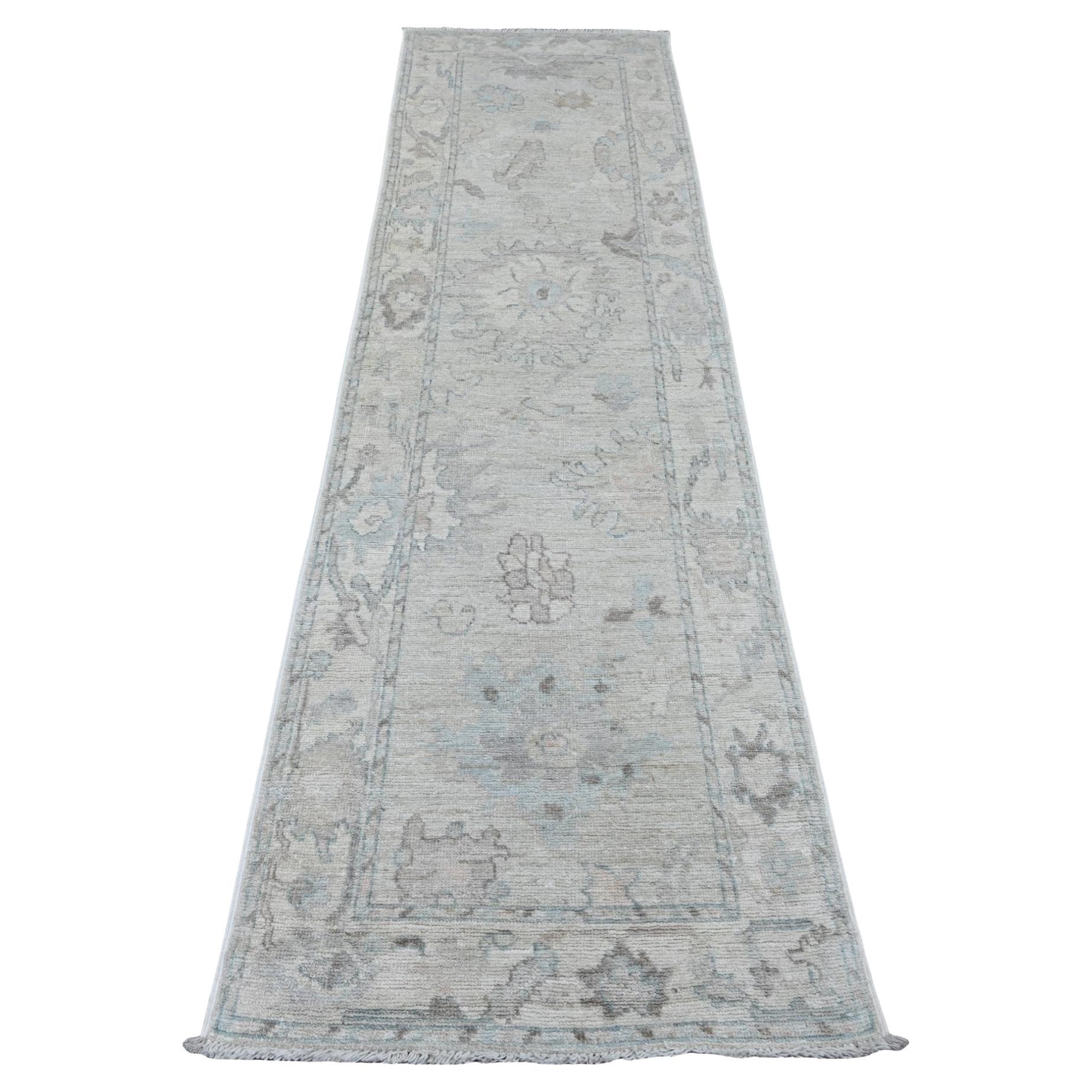 2'7"x9'9" Gray Afghan Angora Oushak Leaf Design Hand Knotted All Wool Runner Rug