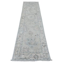 2'7"x9'9" Gray Afghan Angora Oushak Leaf Design Hand Knotted All Wool Runner Rug