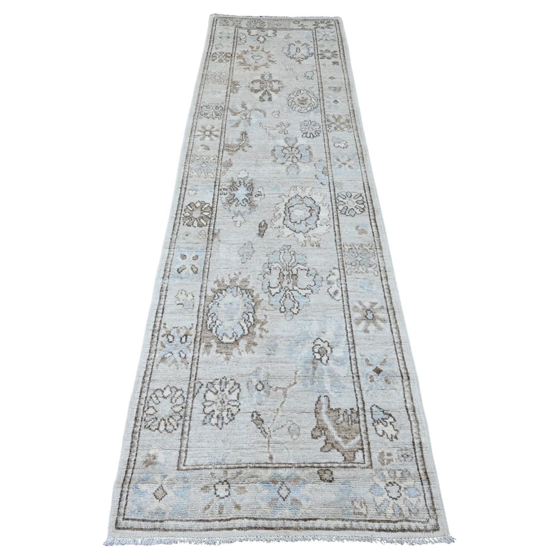 2'7"x9'9" Gray Afghan Angora Oushak Leaf Design Hand Knotted Wool Runner Rug For Sale
