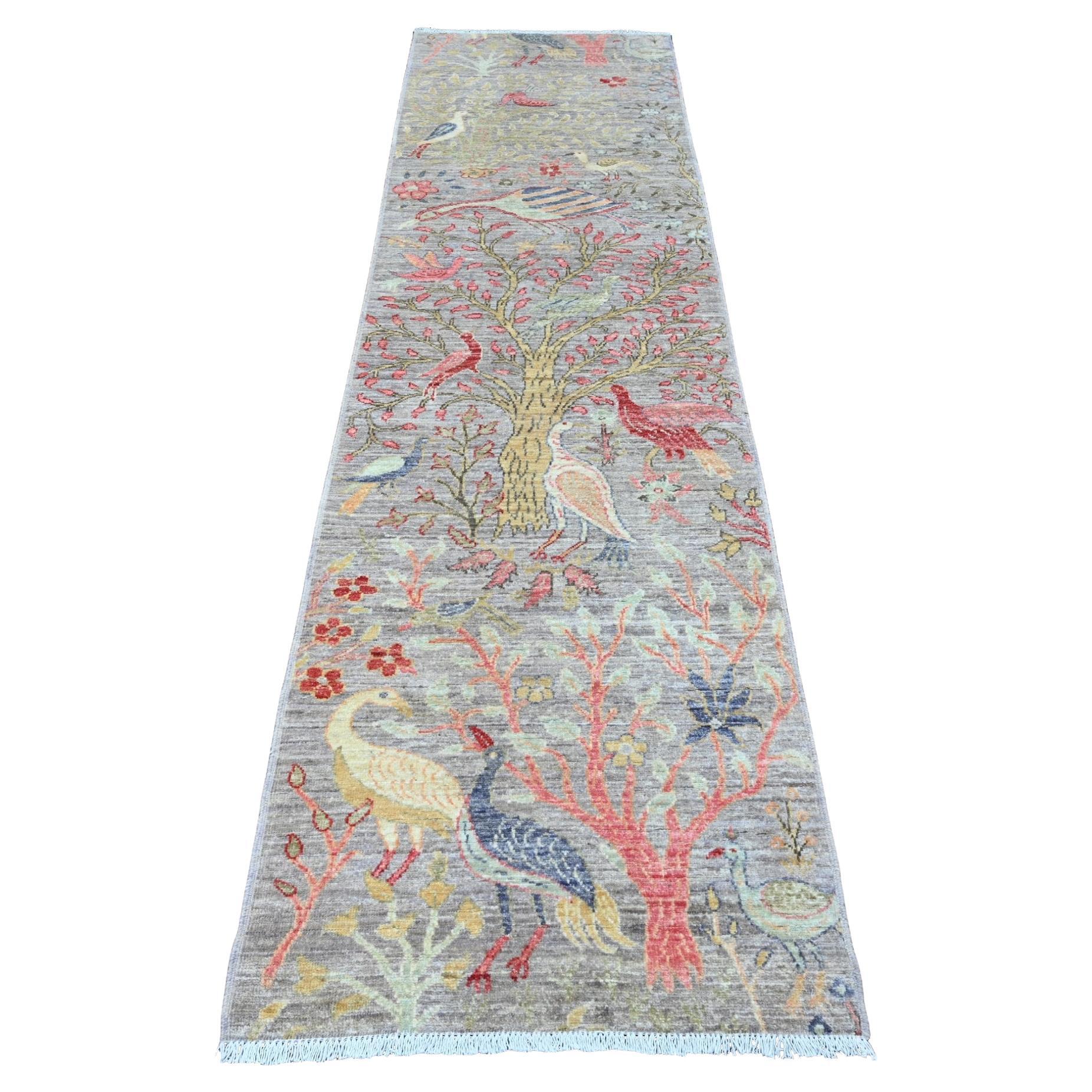 2'7"x9'9" Gray Afghan Peshawar Birds Design Soft Wool Hand Knotted Runner Rug