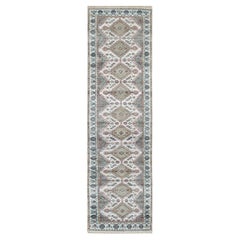 2'7"x9'9" Ivory Wool Shiraz Rosettes Border Runner Hand Knotted Oriental Rug
