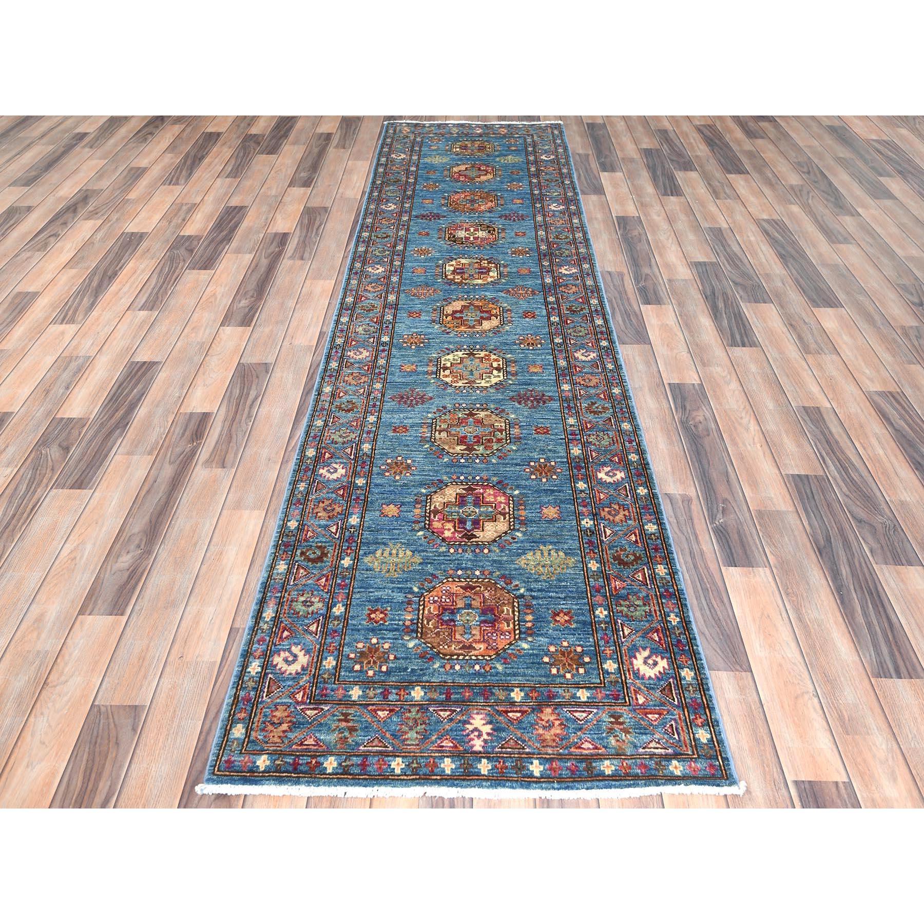 Steel Blue, Afghan Super Kazak with Large Medallions, Natural Dyes, Dense Weave, Extra Soft Wool, Hand Knotted, Runner Oriental Rug
Primary materials: Wool
Latex: No Pile 
height: 0.25 Inches
Style: Transitional
Primary color: Blue
Secondary colors: