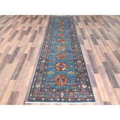 2'7 "x9'9" Azul Acero Alfombra Oriental Afgana Super Kazak Corredera Anudada a Mano de Lana