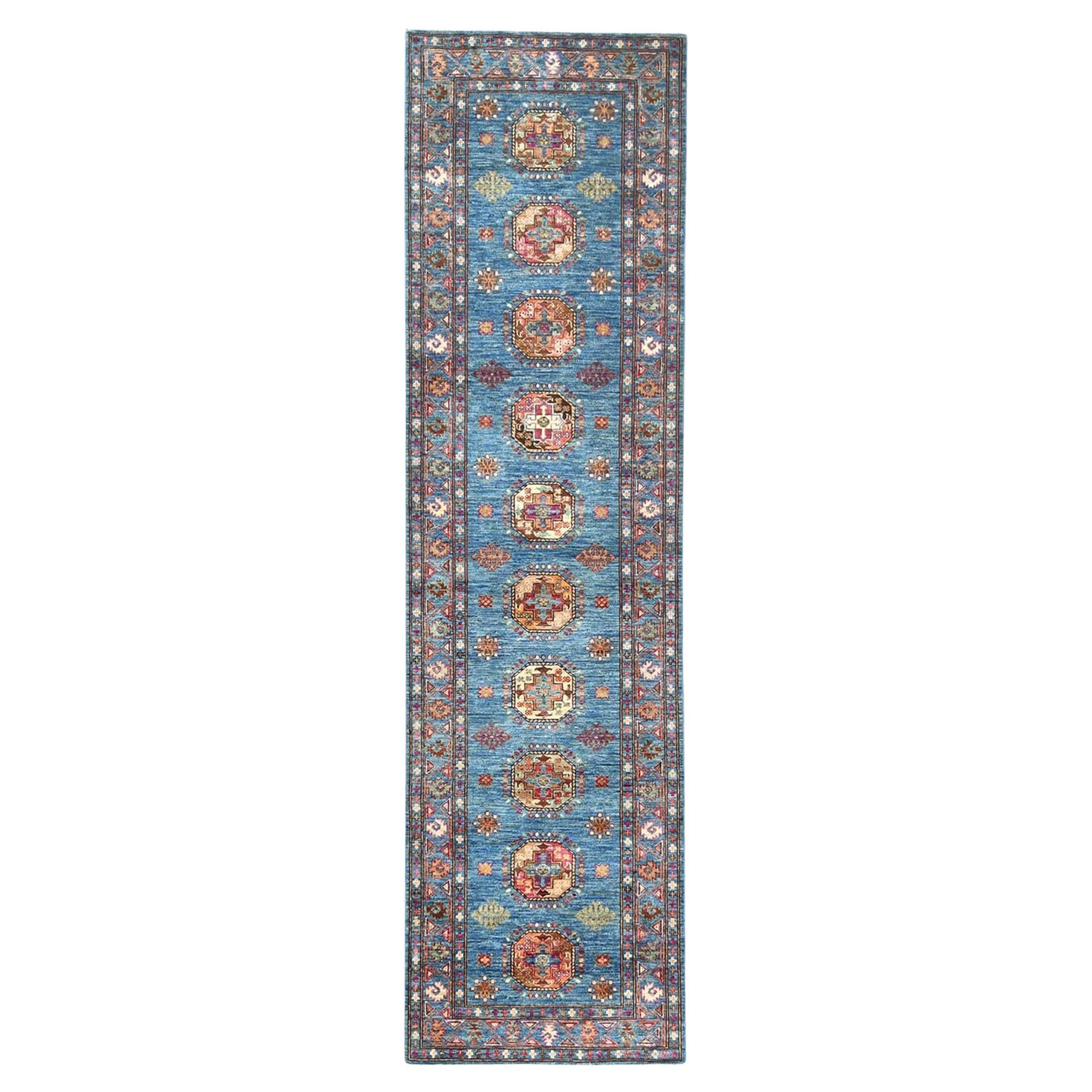 2'7"x9'9" Steel Blue Afghan Super Kazak Wool Hand Knotted Runner Oriental Rug