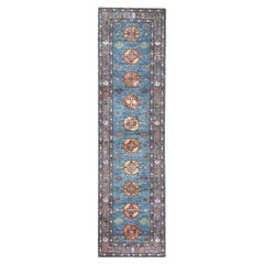 2'7"x9'9" Steel Blue Afghan Super Kazak Wool Hand Knotted Runner Oriental Rug