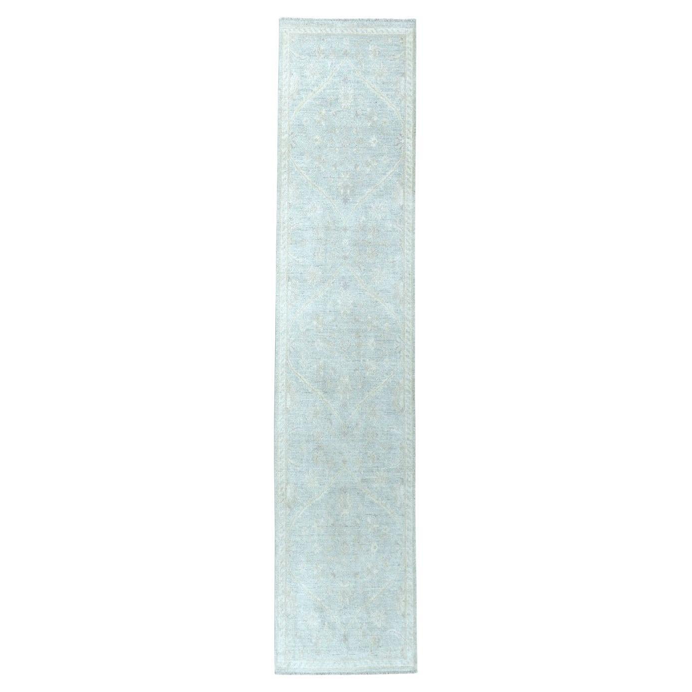 2'7"x9'9" White Wash Peshawar Pure Wool Hand-Knotted Oriental Runner Rug For Sale
