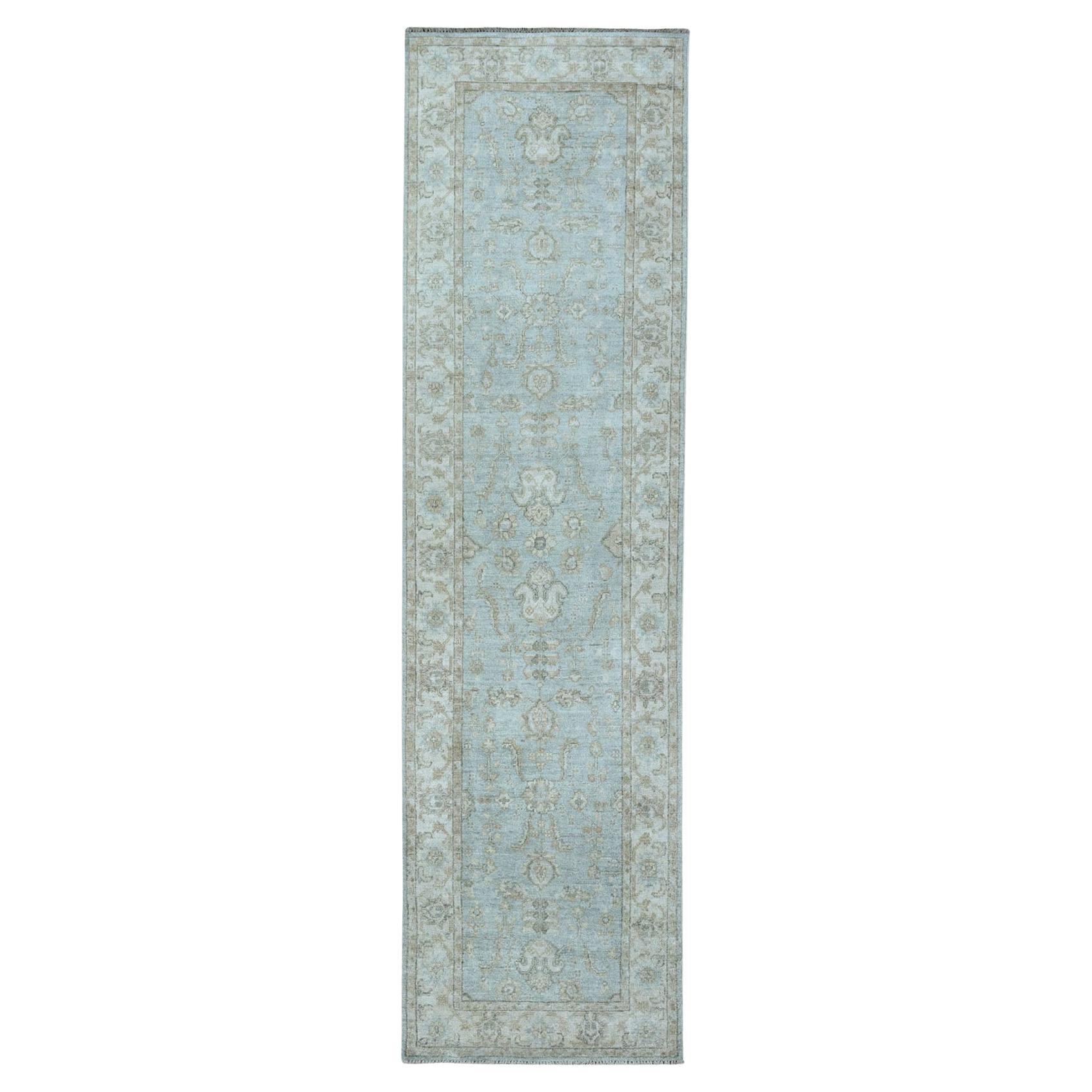 2'7"x9'9" White Wash Peshawar Pure Wool Hand-Knotted Runner Oriental Rug
