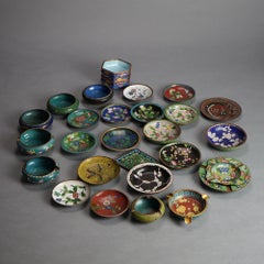 28 Antique Chinese Cloisonne Enameled Saucers & Ashtrays C1920