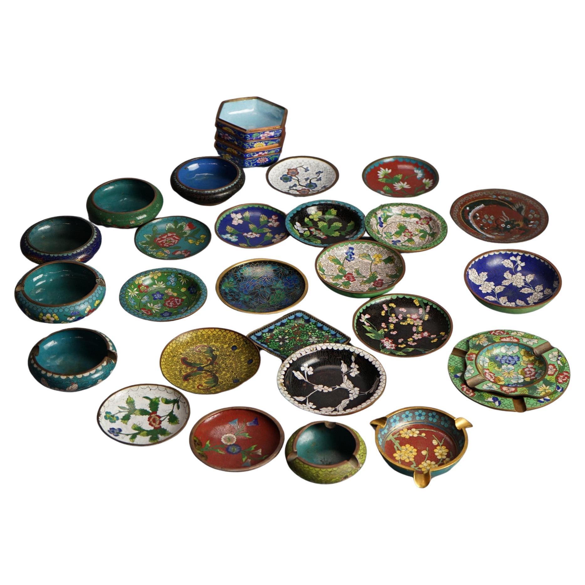 28 Antique Chinese Cloisonne Enameled Saucers & Ashtrays C1920 For Sale