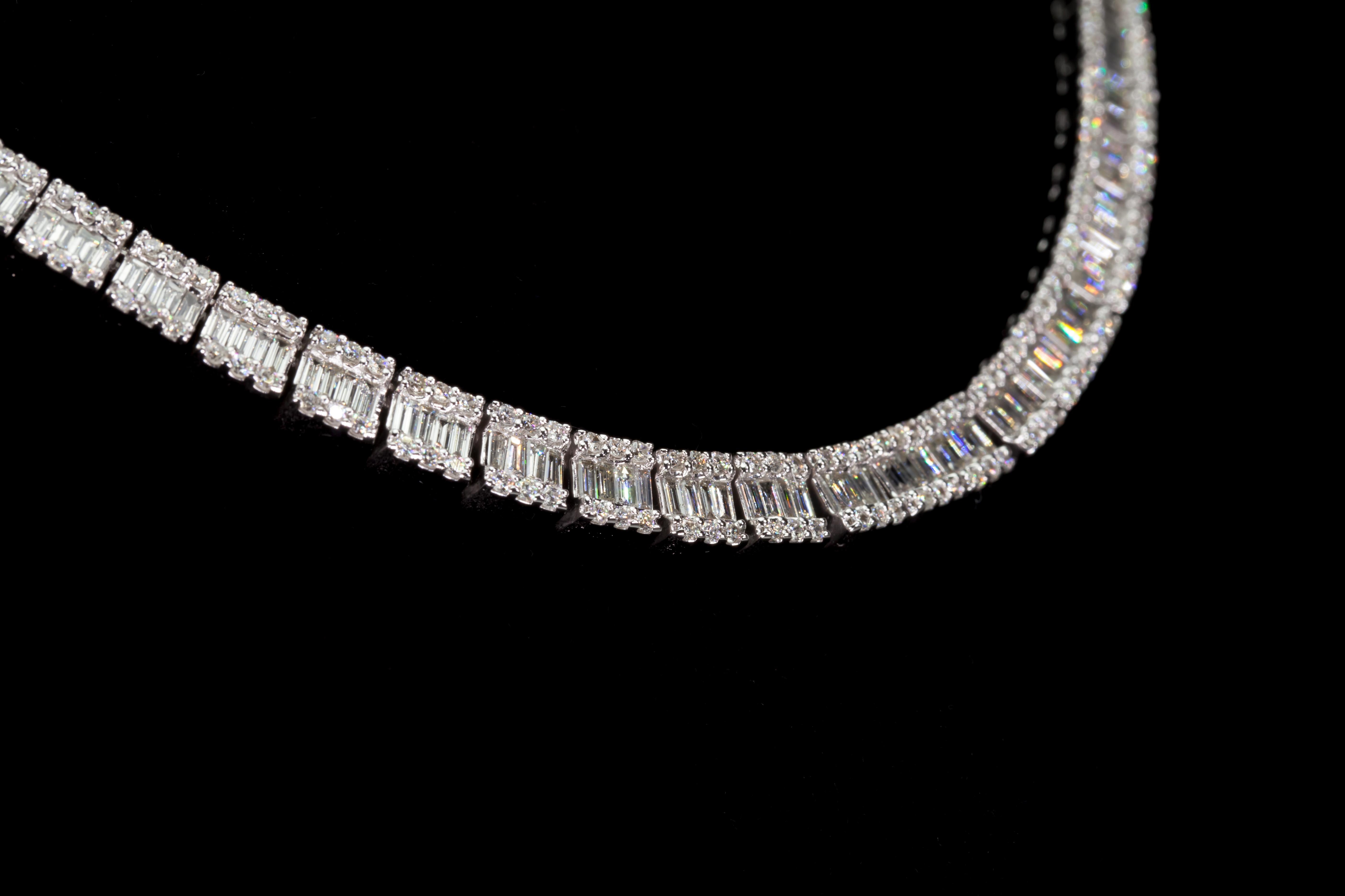 Modern 28 Carat Baguette and Round Diamond Tennis Necklace in White Gold