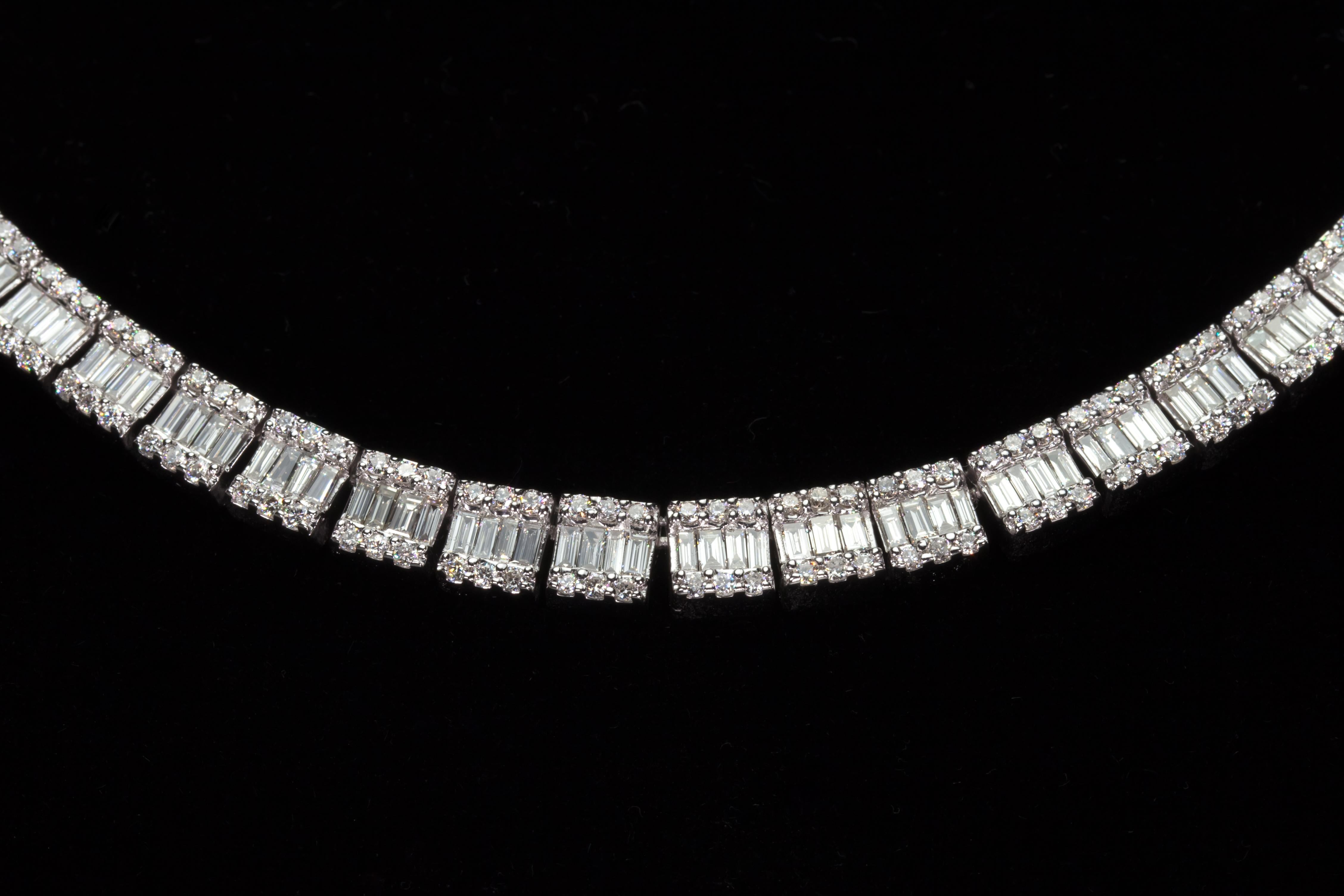 Baguette Cut 28 Carat Baguette and Round Diamond Tennis Necklace in White Gold