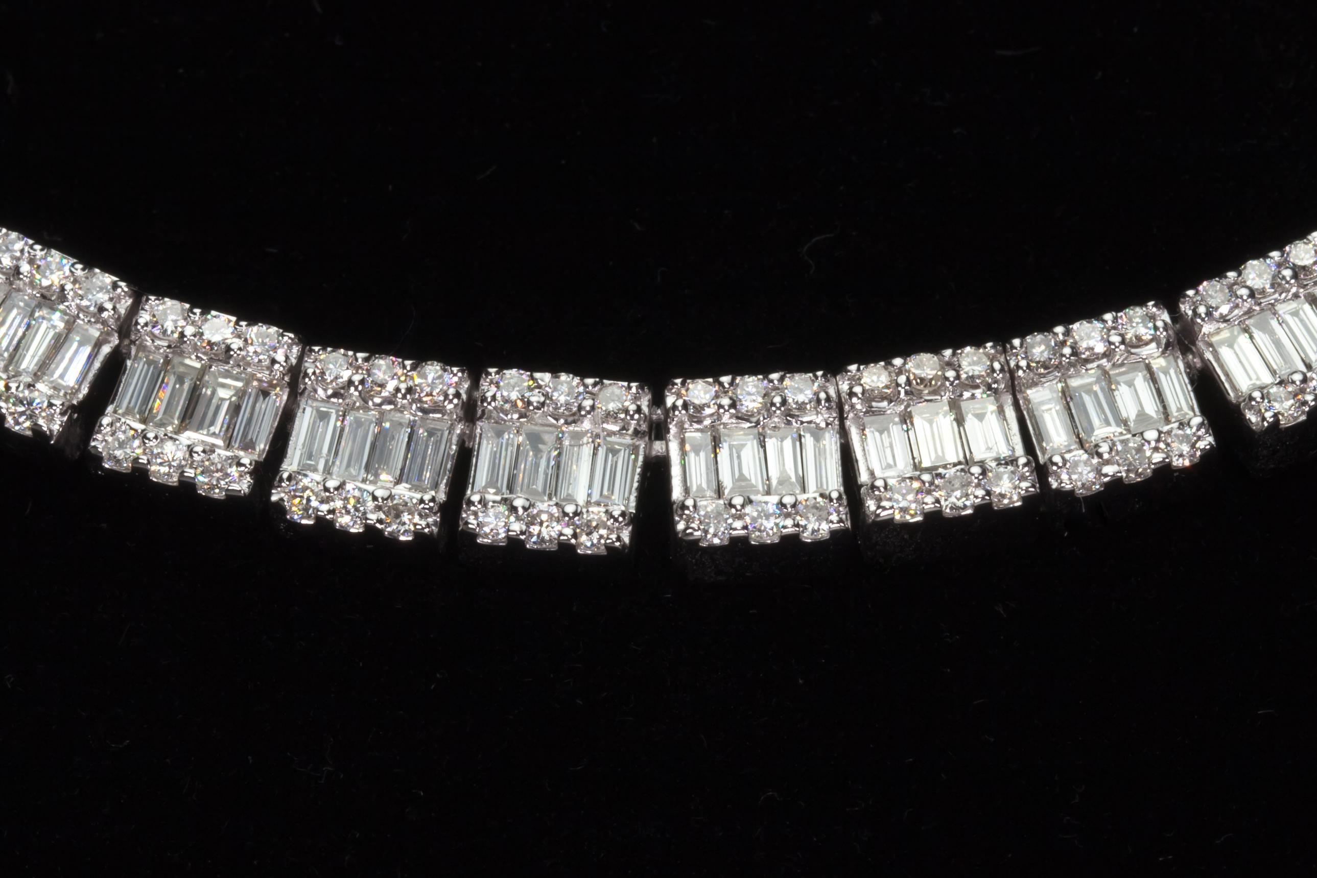 28 Carat Baguette and Round Diamond Tennis Necklace in White Gold In Good Condition In Sherman Oaks, CA