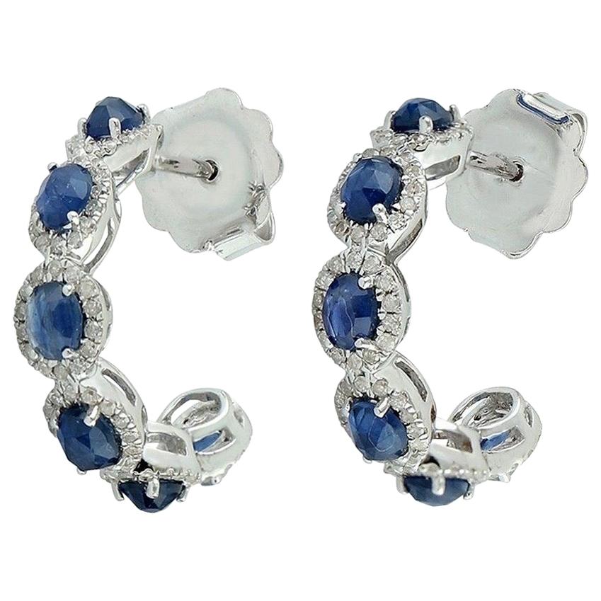 2.8 Carat Blue Sapphire 14 Karat Gold Diamond Hoop Earrings