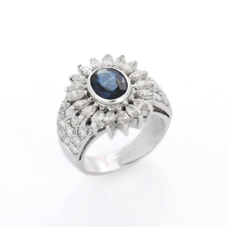 Modern 2.8 Carat Blue Sapphire Diamond 14 Karat White Gold Ring For Sale