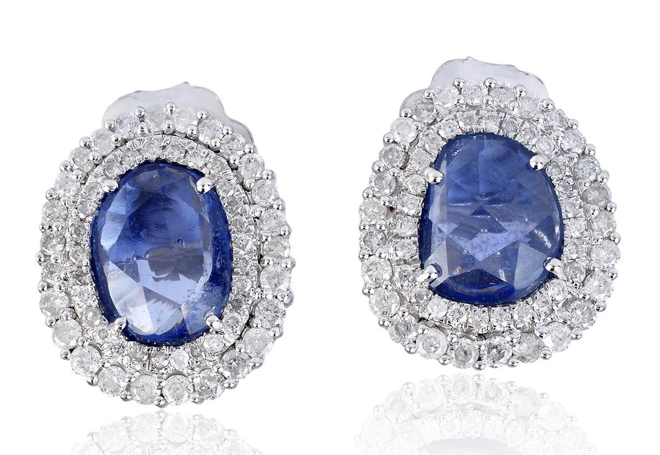 Rose Cut Blue Sapphire Diamond 18 Karat Gold Stud Earrings For Sale