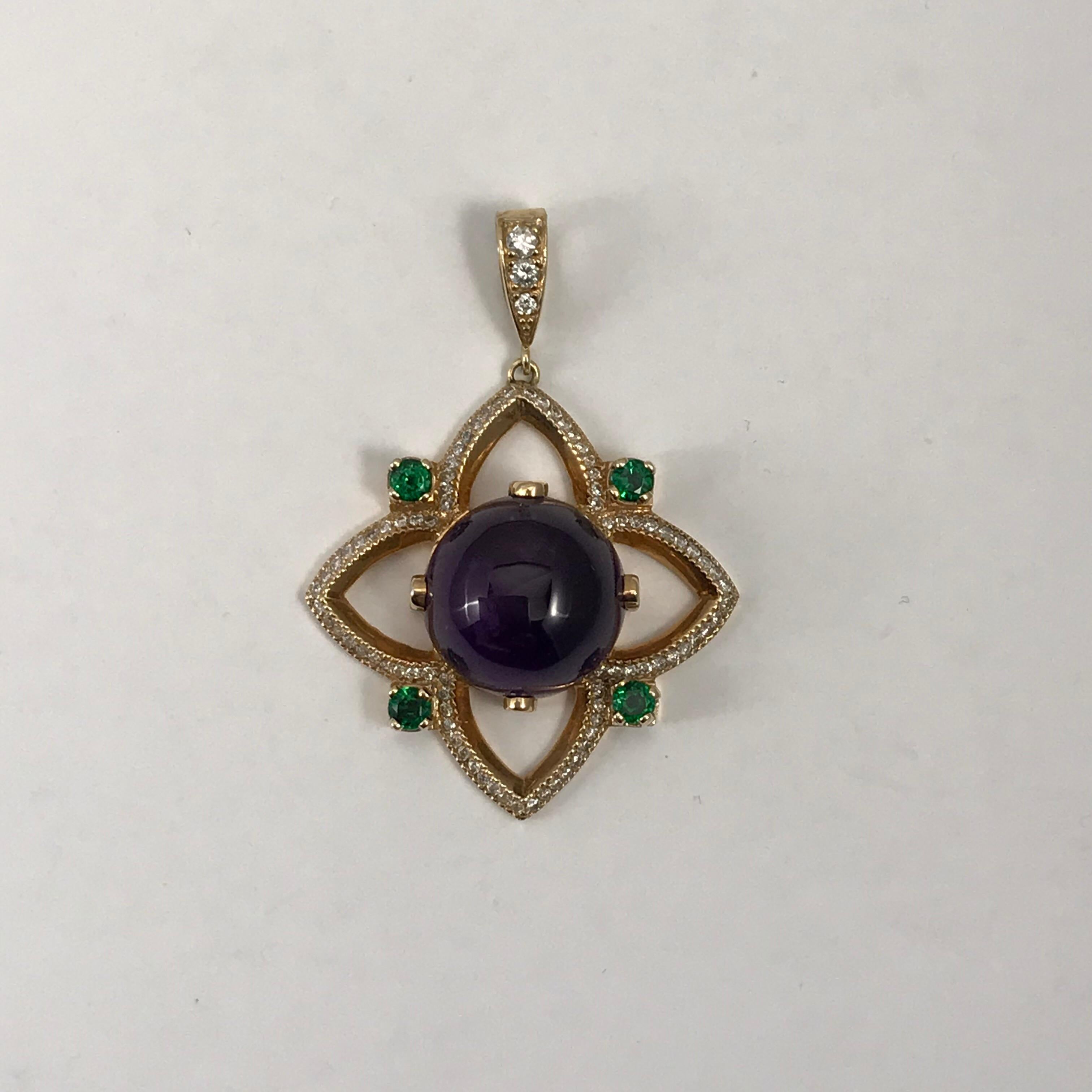 Round Cut 28 Carat Bolivian Amethyst Cabochon Pendant Set in 18 Karat Rose Gold For Sale