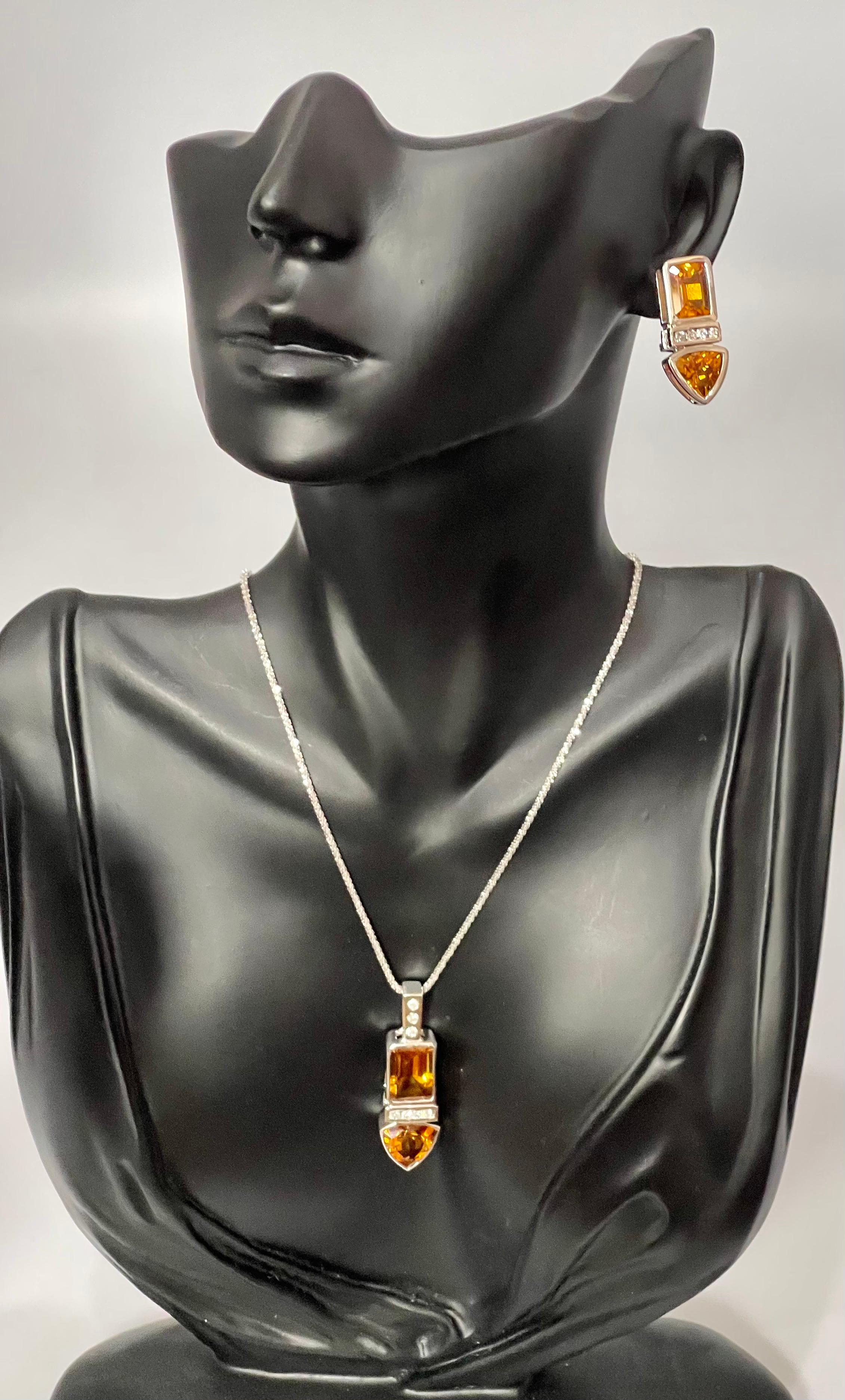 28 Carat Citrine & Diamond Pendant & Matching Earrings 14 Karat Gold Chain Set For Sale 6