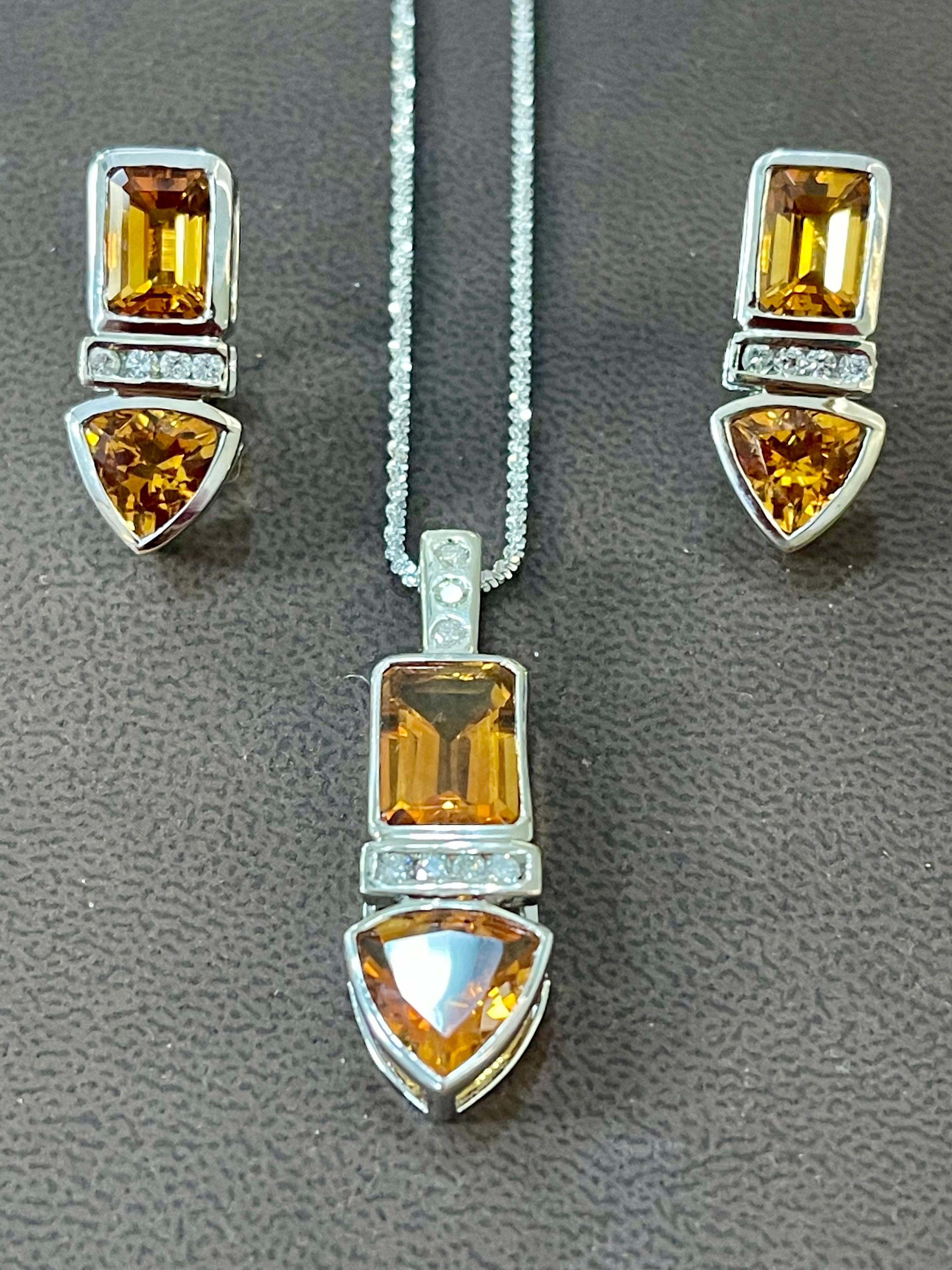Emerald Cut 28 Carat Citrine & Diamond Pendant & Matching Earrings 14 Karat Gold Chain Set For Sale