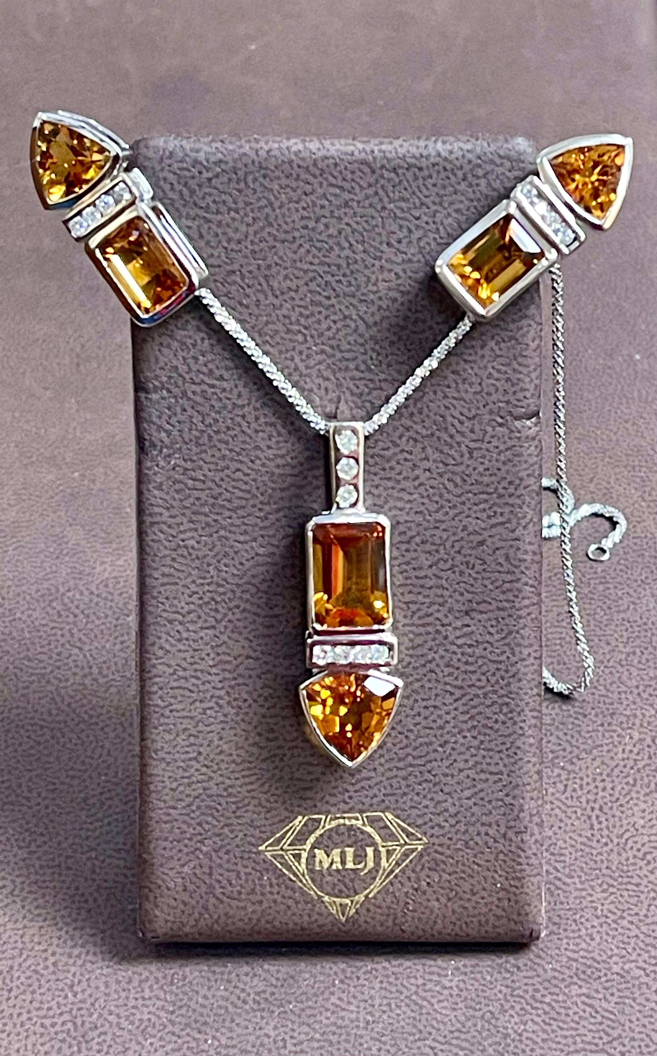 Women's 28 Carat Citrine & Diamond Pendant & Matching Earrings 14 Karat Gold Chain Set For Sale
