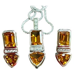 28 Carat Citrine & Diamond Pendant & Matching Earrings 14 Karat Gold Chain Set