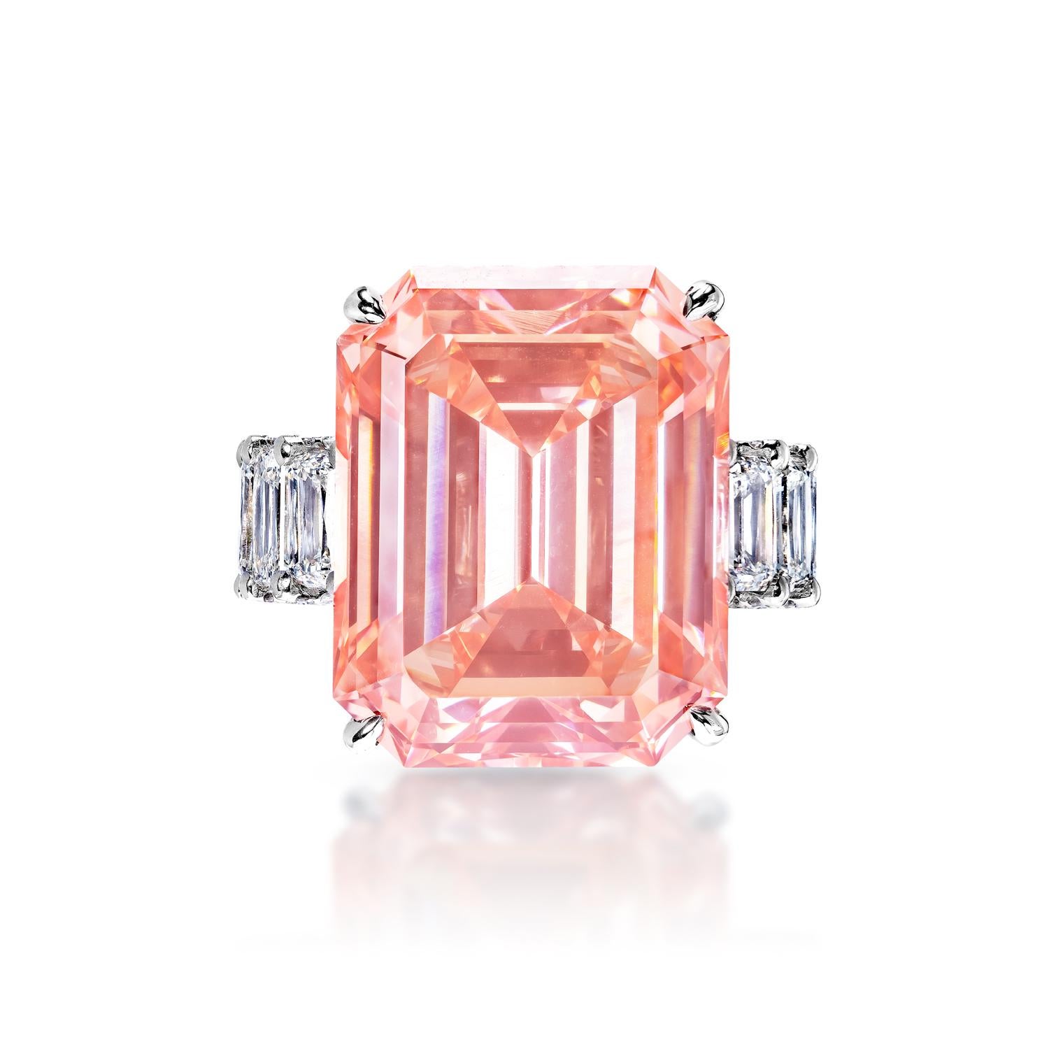 GIA Certified


Center Earth Mined Diamond:
Carat Weight: 23.12 Carats
Color: Fancy Vivid Pink*
Clarity: VVS2
Style: Emerald Cut
*This Diamond has been treated by one or more processes to change its color

Ring:
Metal: 18 Karat White Gold
Carat