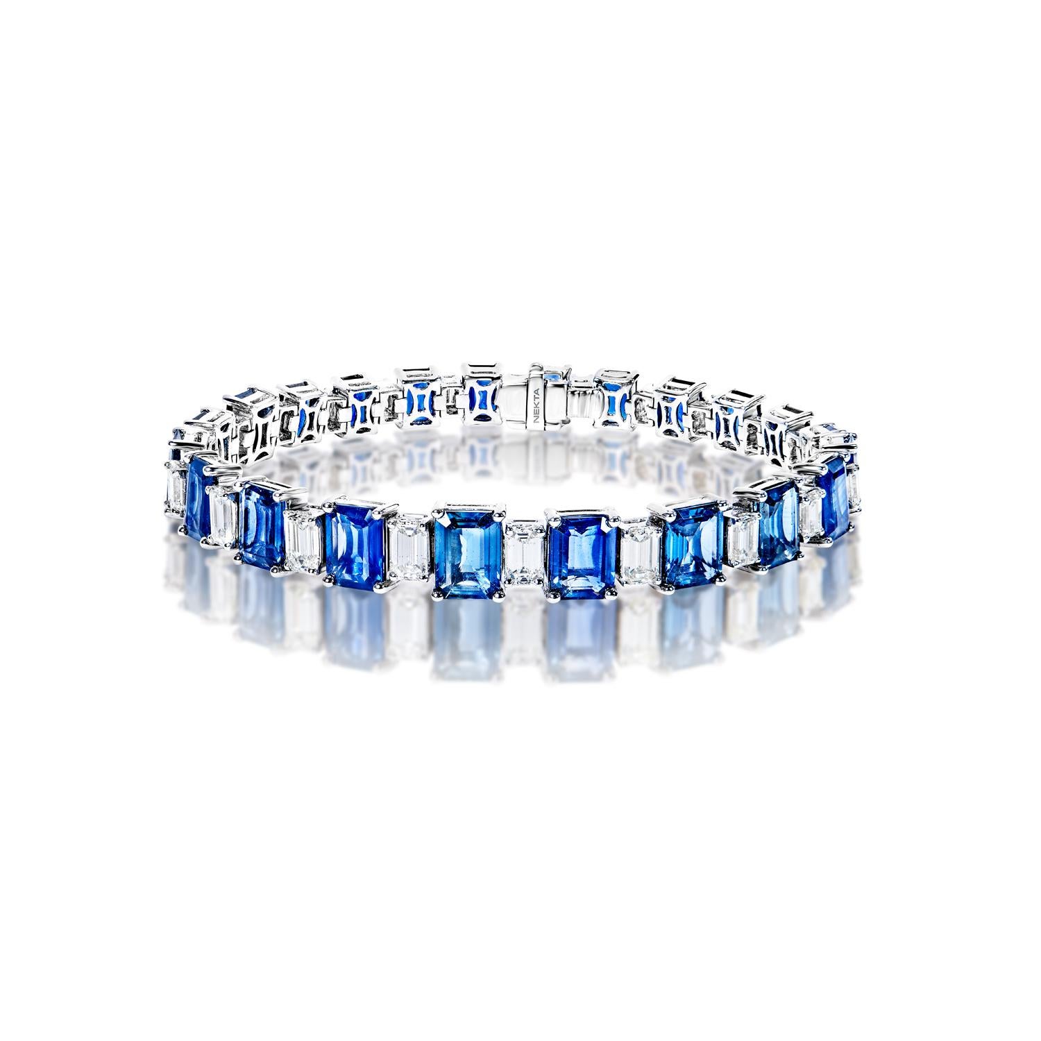 The  DALLAS 28.38 Carat Single Row Diamond Bracelet features SAPPHIRES AND DIAMONDS brilliants weighing a total of approximately 28.38 carats.

Style:
Sapphires:
Carats: 23.12 Carats
Color: Blue
Stone: Sapphire
Stone Shape: Emerald