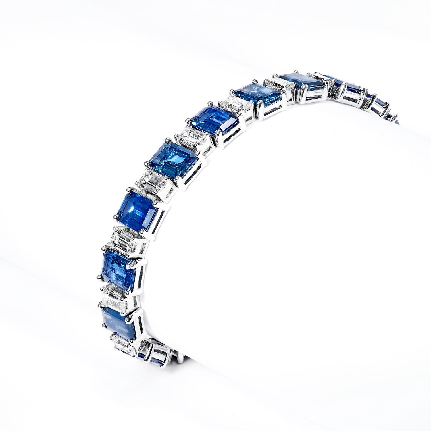 28 Carat Emerald Cut Sapphire and Diamond Single Row Bracelet Certified B In New Condition For Sale In New York, NY