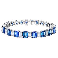 Used 28 Carat Emerald Cut Sapphire and Diamond Single Row Bracelet Certified B