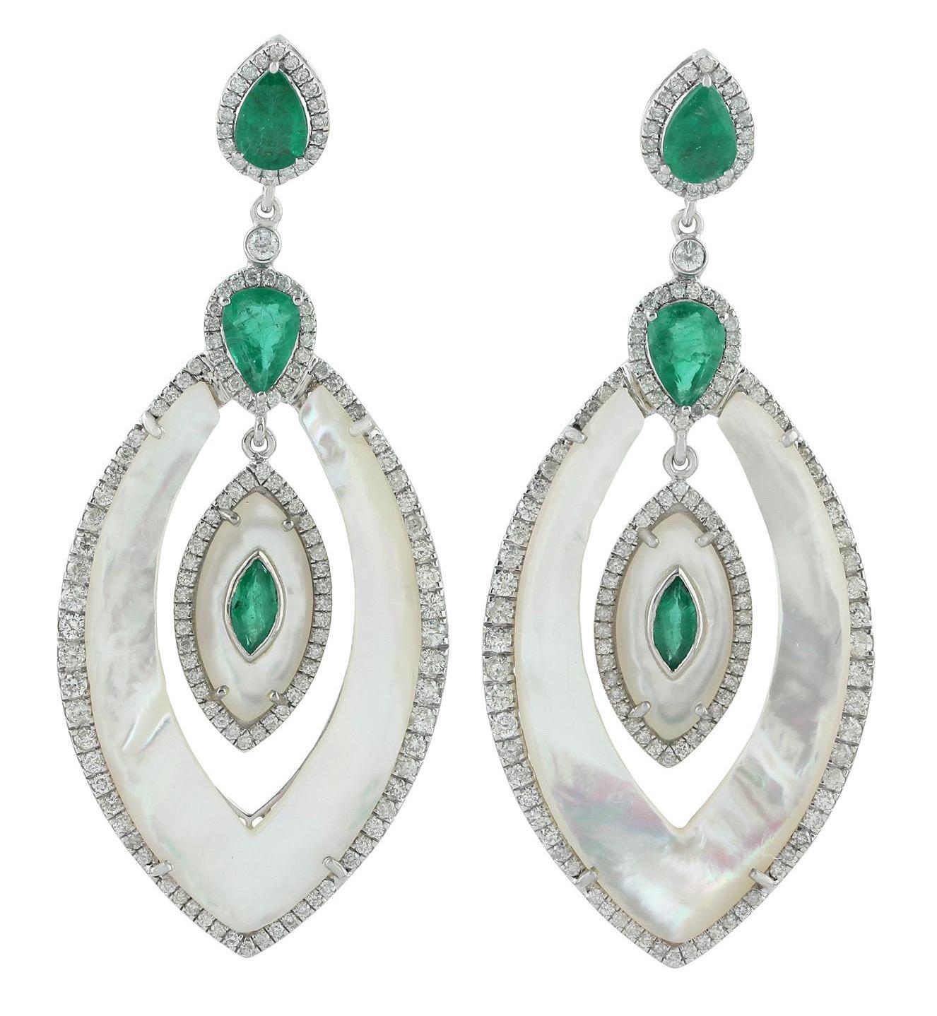 Marquise Cut 2.8 Carat Emerald Mother of Pearl Diamond 18 Karat Gold Earrings For Sale